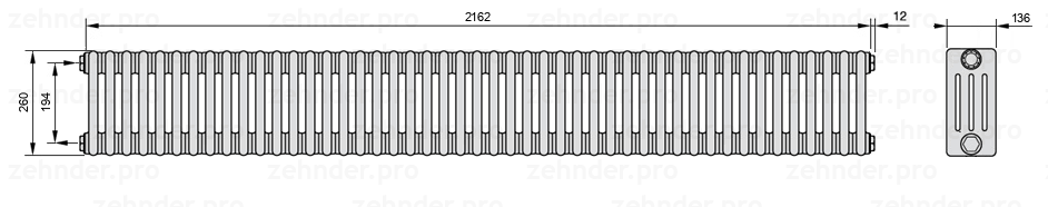 Схема (чертеж) Радиатор Zehnder Charleston 4026/47 №1270 Белый глянцевый RAL 9016